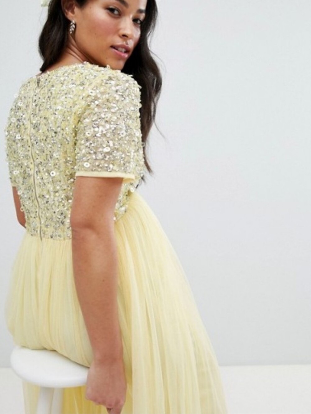 Maya Maternity Cap Sleeve Delicate Sequin Detail Tulle Maxi Dress in Lemon 10 - Picture 2 of 15